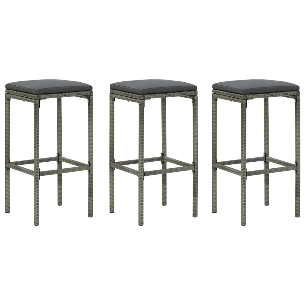Bar stools with cushions, 3 pcs., grey, poly rattan