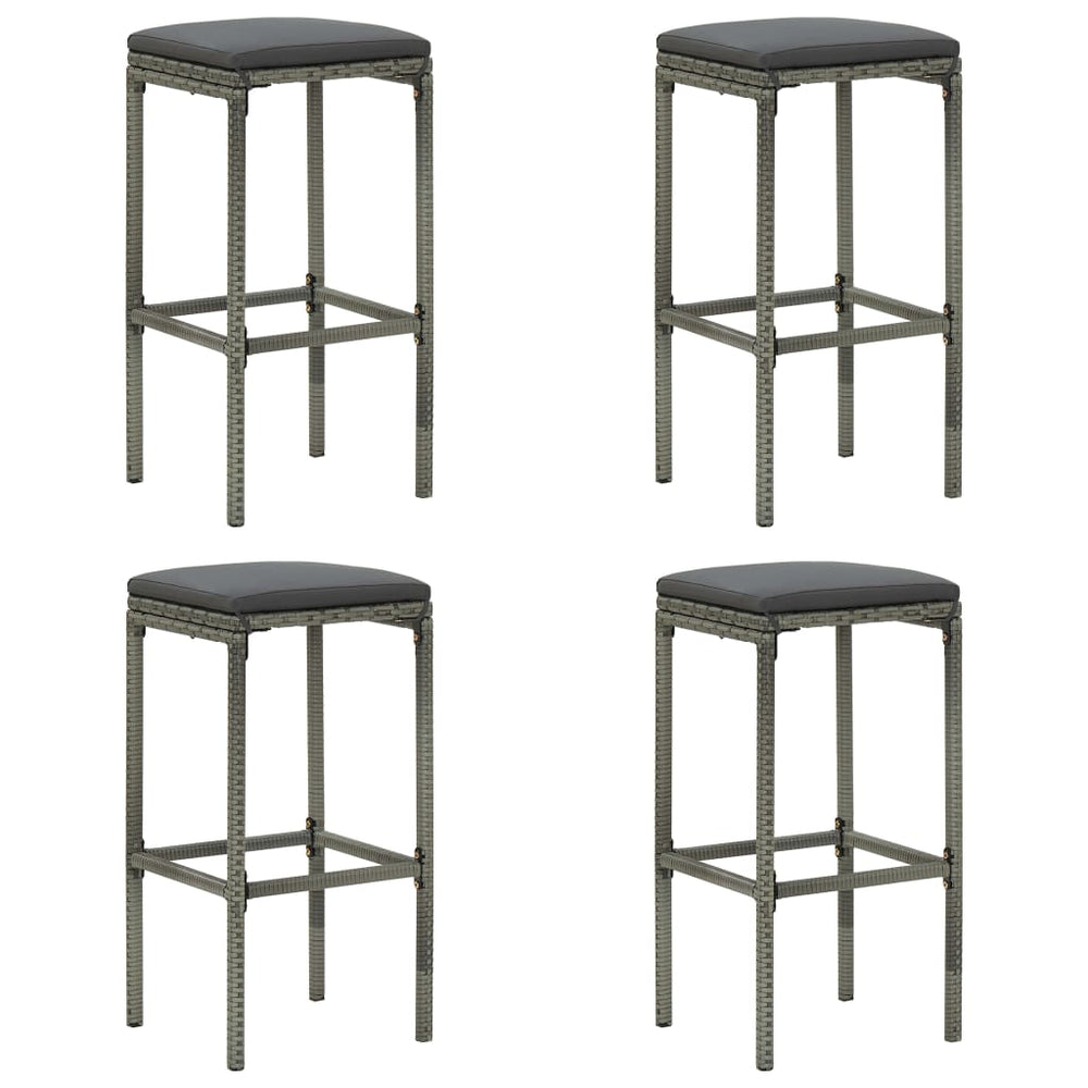 Bar stools with cushions, 4 pcs., grey, poly rattan