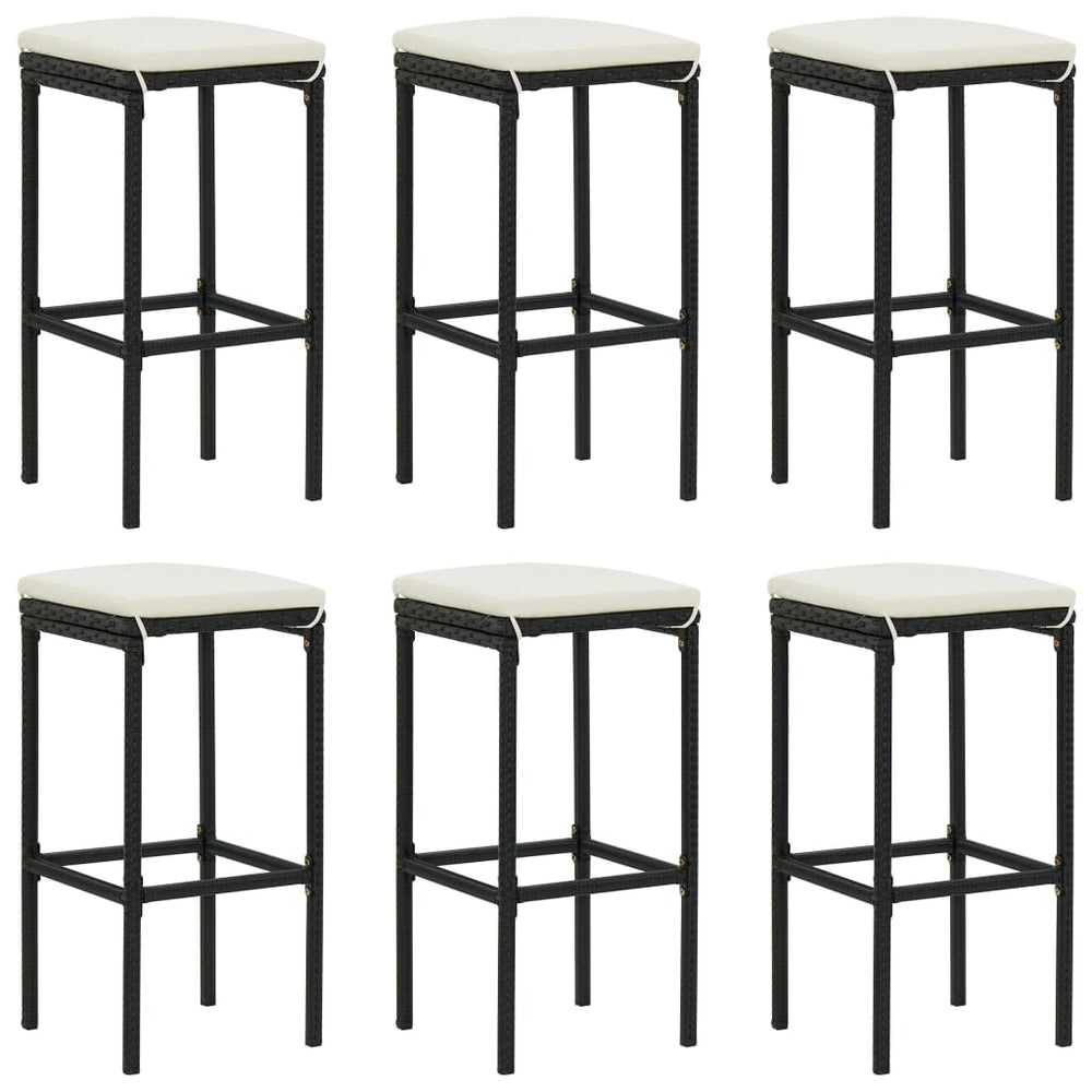 Bar stools with cushions, 6 pcs, black, poly rattan