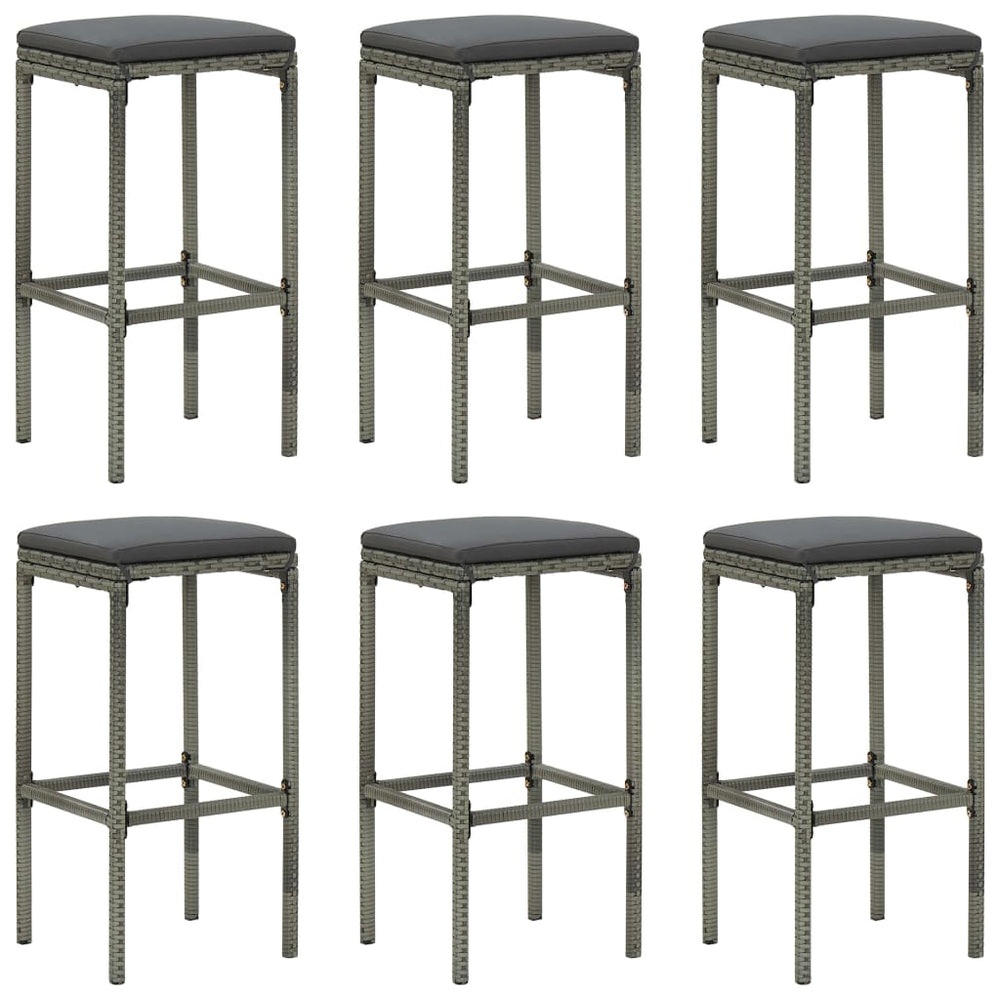 Bar stools with cushions, 6 pcs., grey, poly rattan