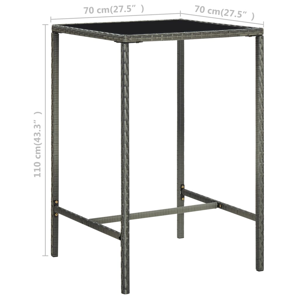 Sodo baro stalas, pilkas, 70x70x110cm, poliratanas ir stiklas