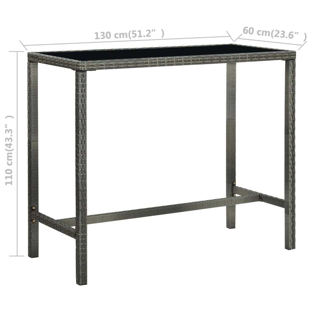 Sodo baro stalas, pilkas, 130x60x110cm, poliratanas ir stiklas
