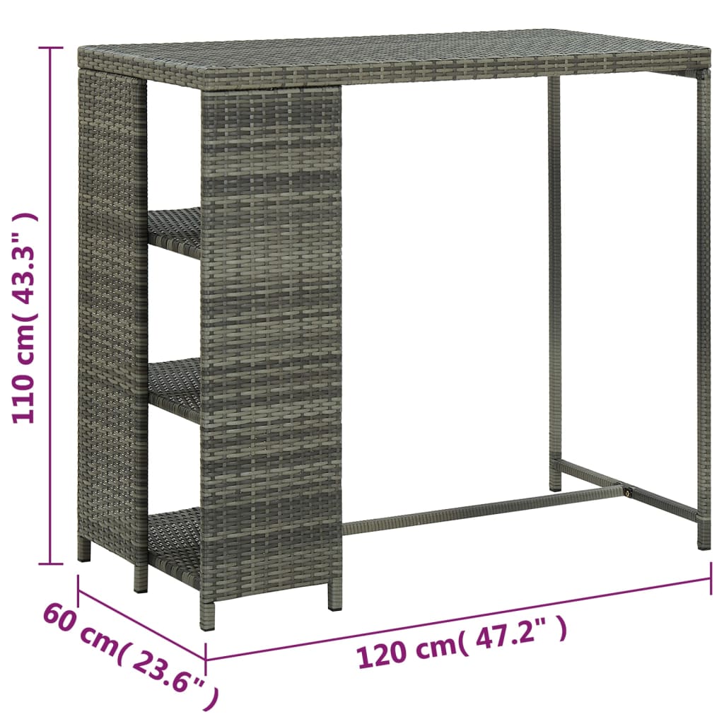 Bar Table with Shelf, Grey, 120x60x110cm, Poly Rattan