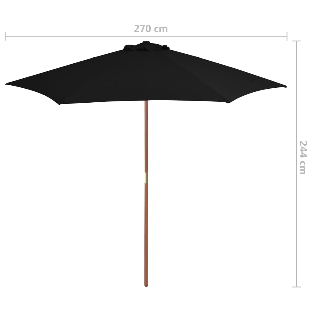 Sodo skėtis nuo saulės su mediniu stulpu, juodos spalvos, 270cm