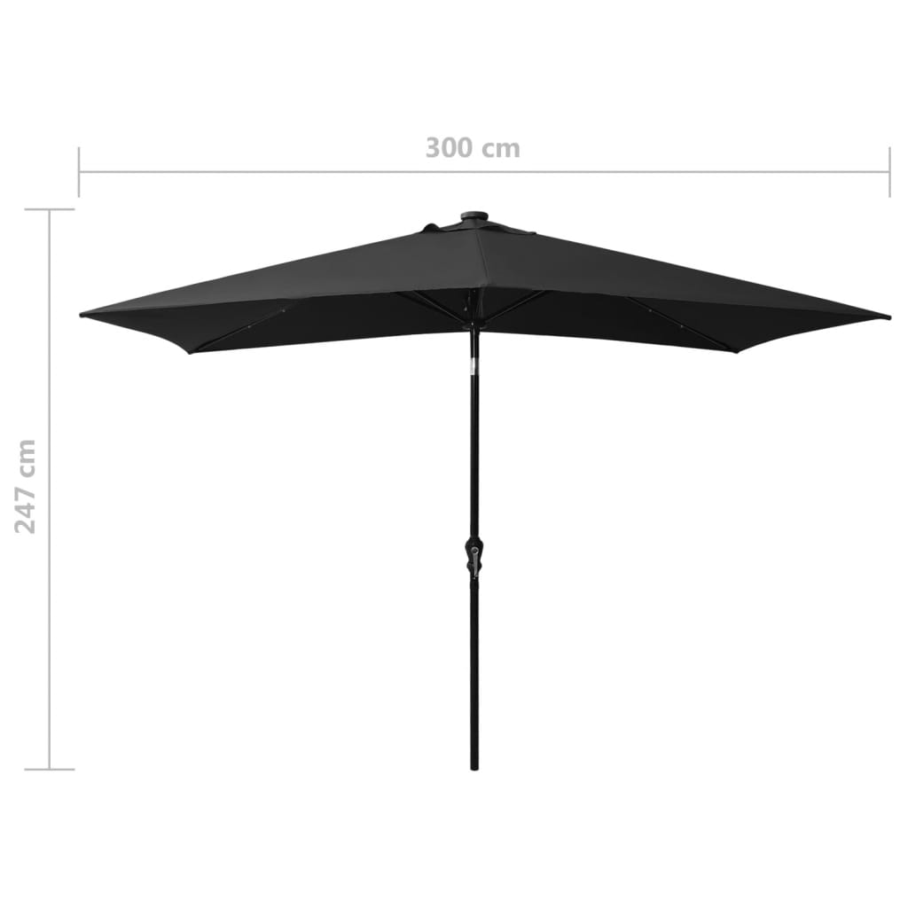Sodo skėtis nuo saulės su LED ir plieniniu stulpu, juodas, 2x3m