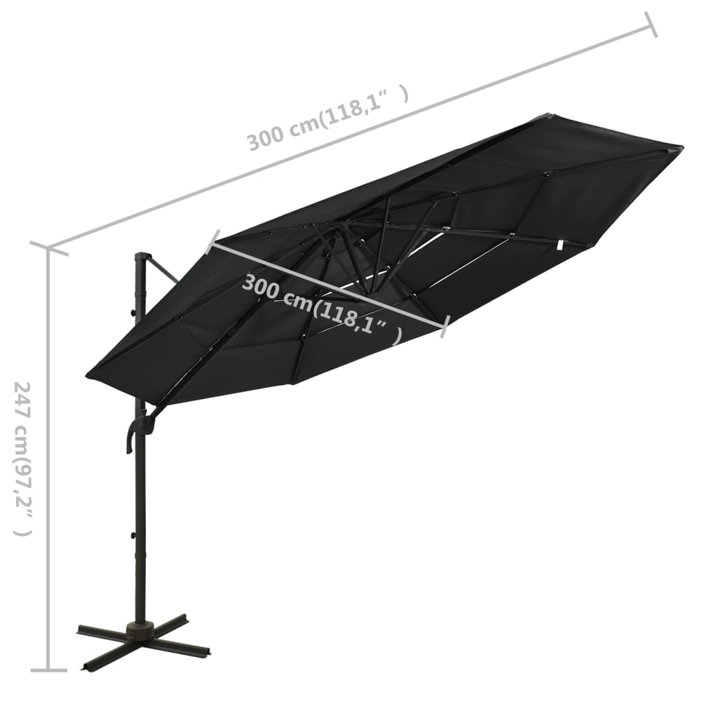 Sodo skėtis su aliuminio stulpu, juodas, 3x3m, 4 aukščių