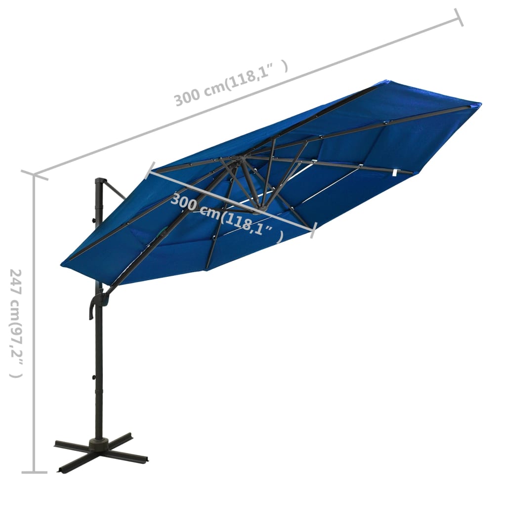 Sodo skėtis su aliuminio stulpu, mėlynas, 3x3m, 4 aukščių