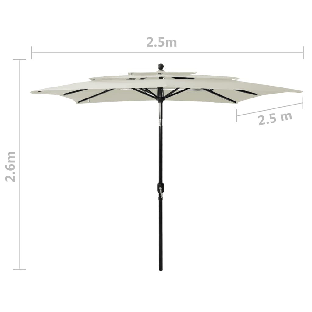 Sodo skėtis su aliuminio stulpu, smėlio, 2,5x2,5m, 3 aukščių