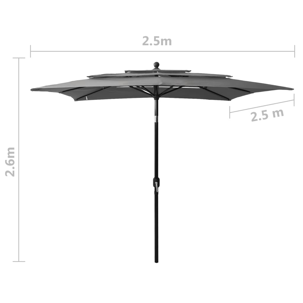 Sodo skėtis su aliuminio stulpu, antracito, 2,5x2,5m, 3 aukščių