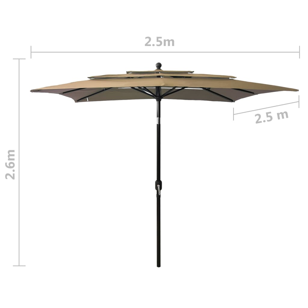 Sodo skėtis su aliuminio stulpu, taupe, 2,5x2,5m, 3 aukščių
