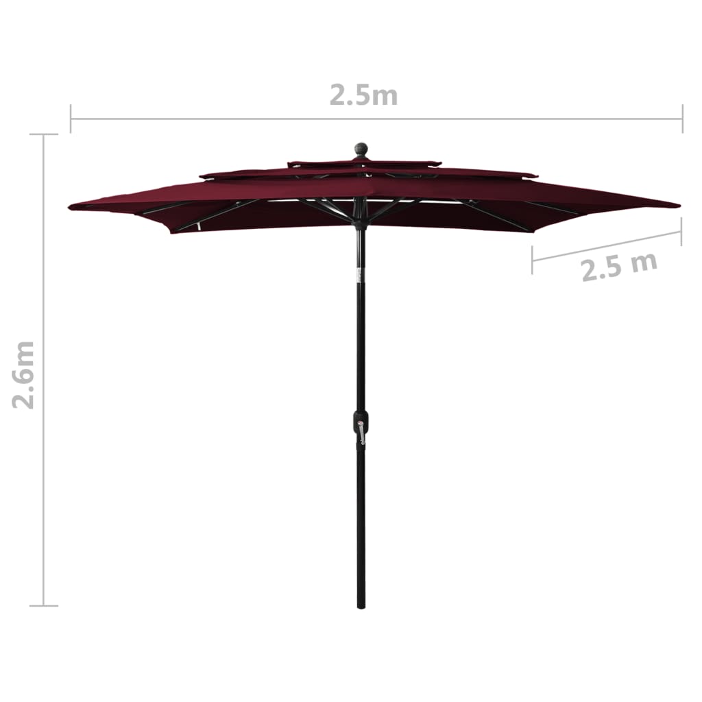 Sodo skėtis su aliuminio stulpu, raudonas, 2,5x2,5m, 3 aukščių