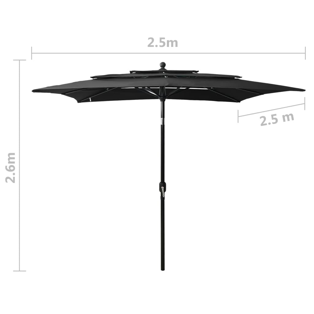 Sodo skėtis su aliuminio stulpu, juodas, 2,5x2,5m, 3 aukščių
