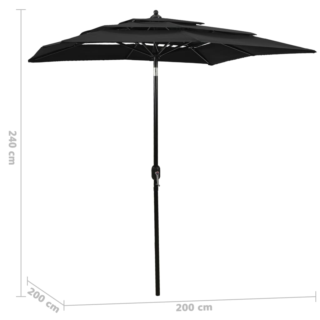Sodo skėtis su aliuminio stulpu, juodas, 2x2m, 3 aukščių