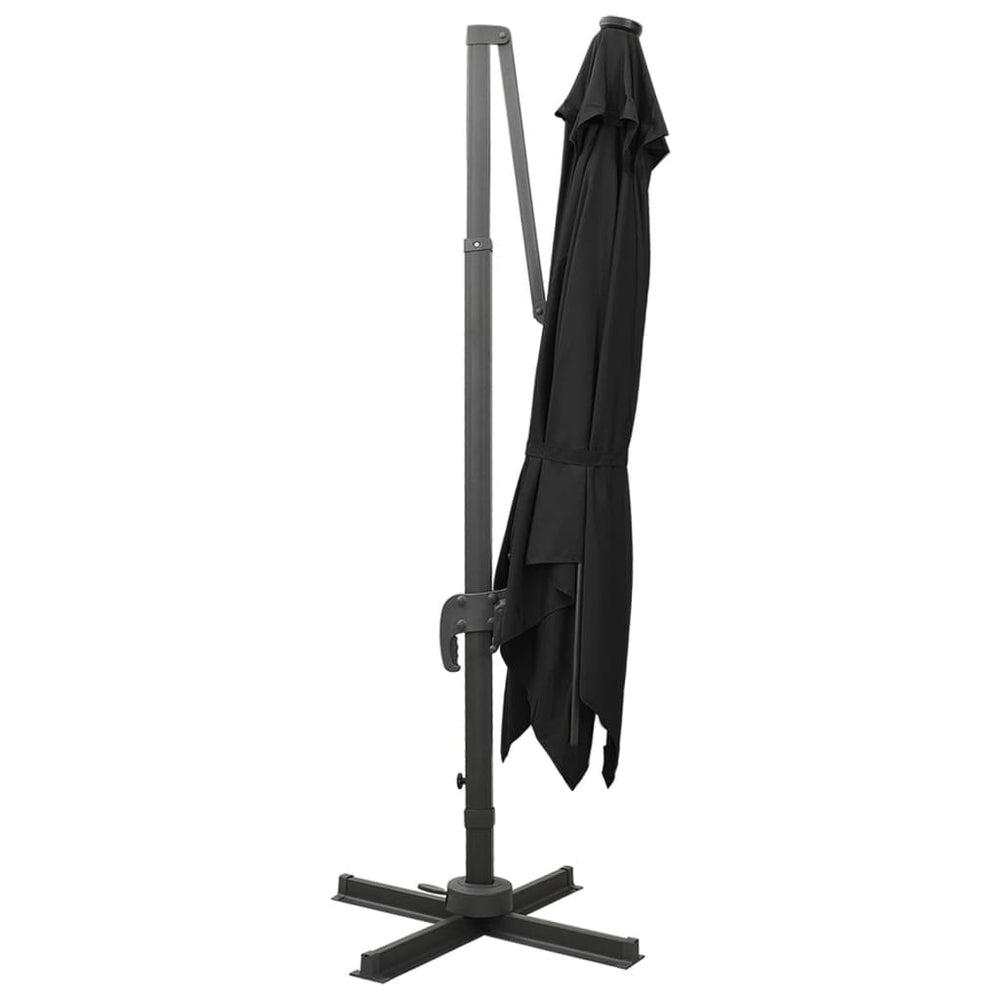 Gembinis skėtis su stulpu ir LED lemputėmis, juodas, 300cm