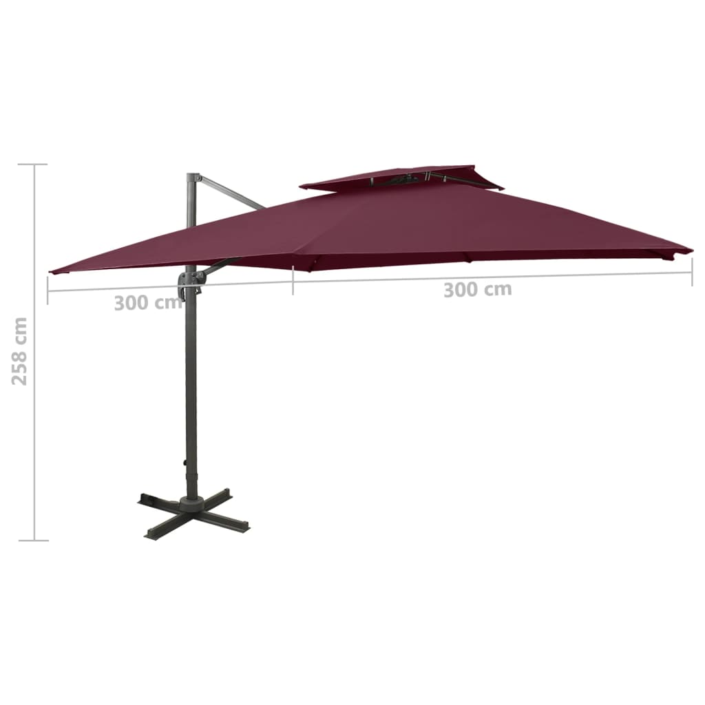Cantilever umbrella with double top, dark red, 300x300cm