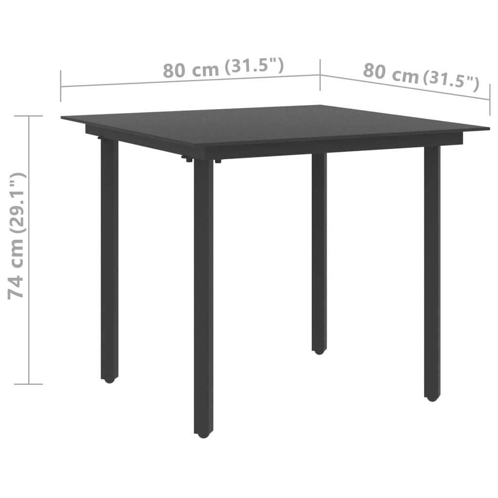 Garden dining table, black, 80x80x74cm, steel and glass