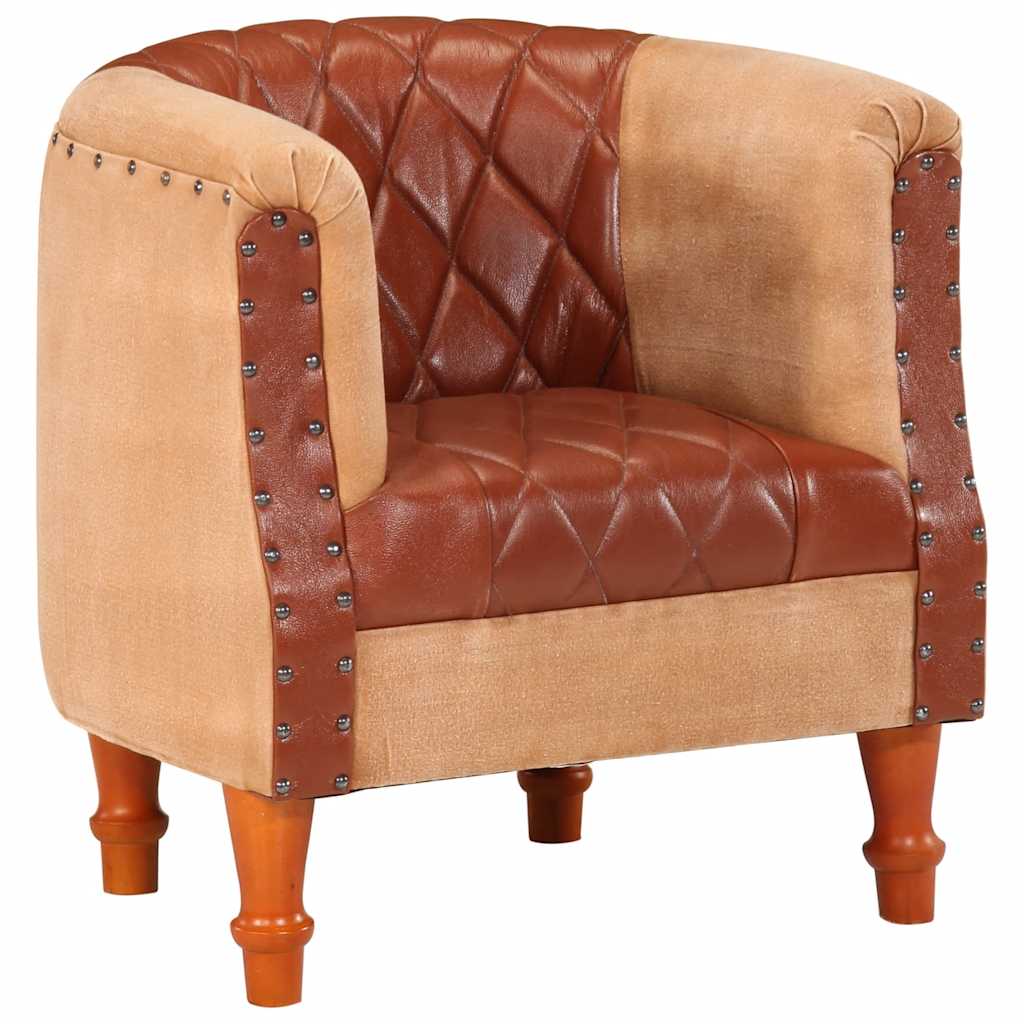Armchair, brown, genuine leather and solid mango wood