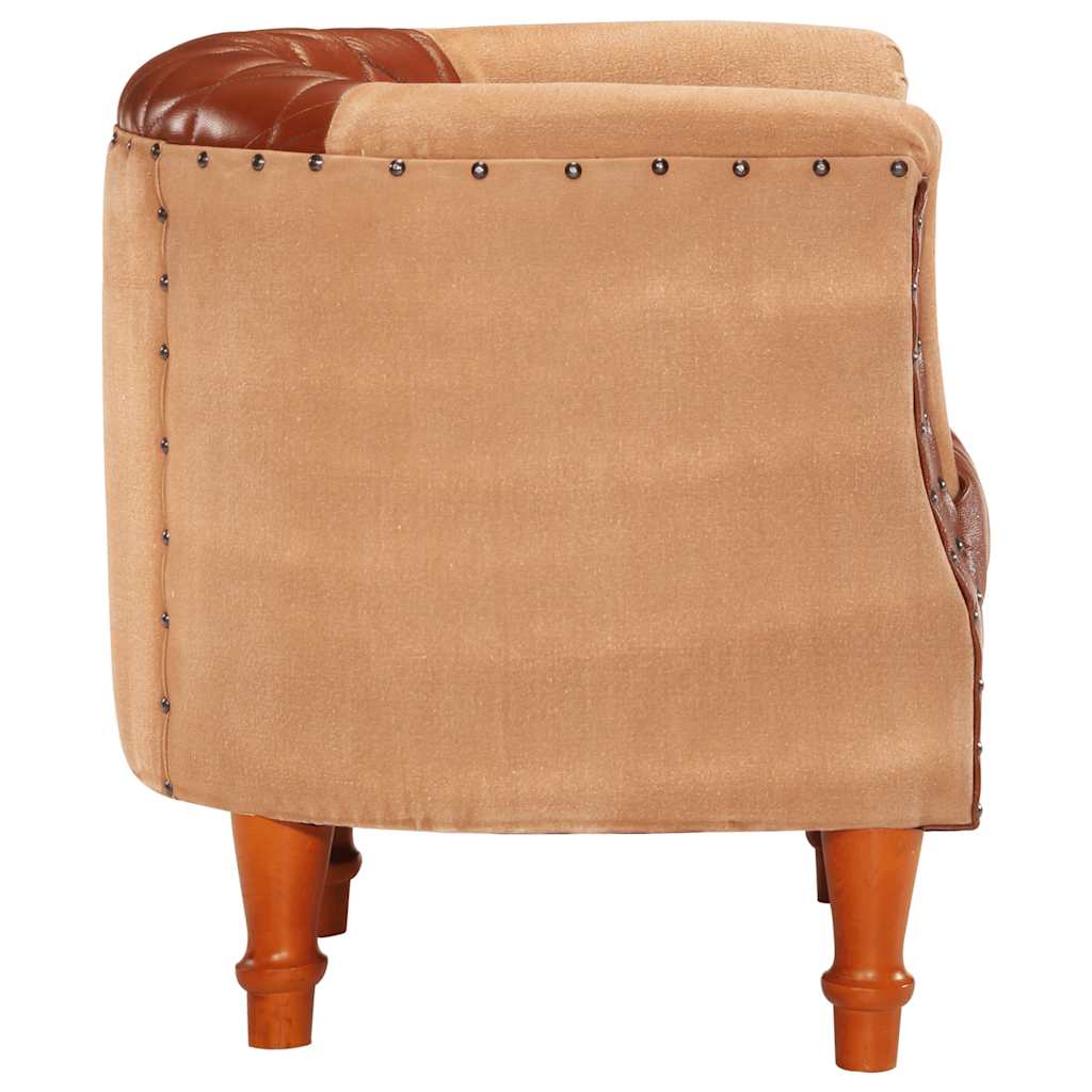 Armchair, brown, genuine leather and solid mango wood