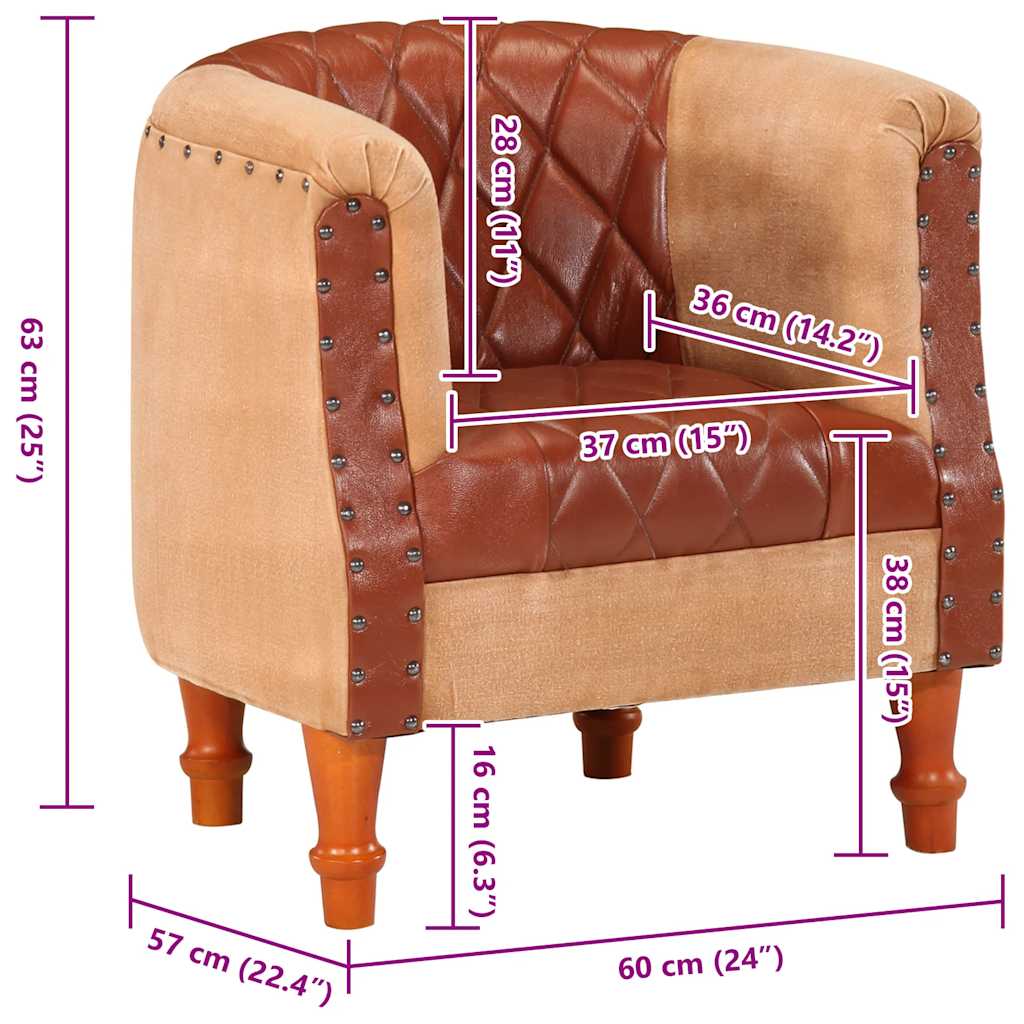 Armchair, brown, genuine leather and solid mango wood
