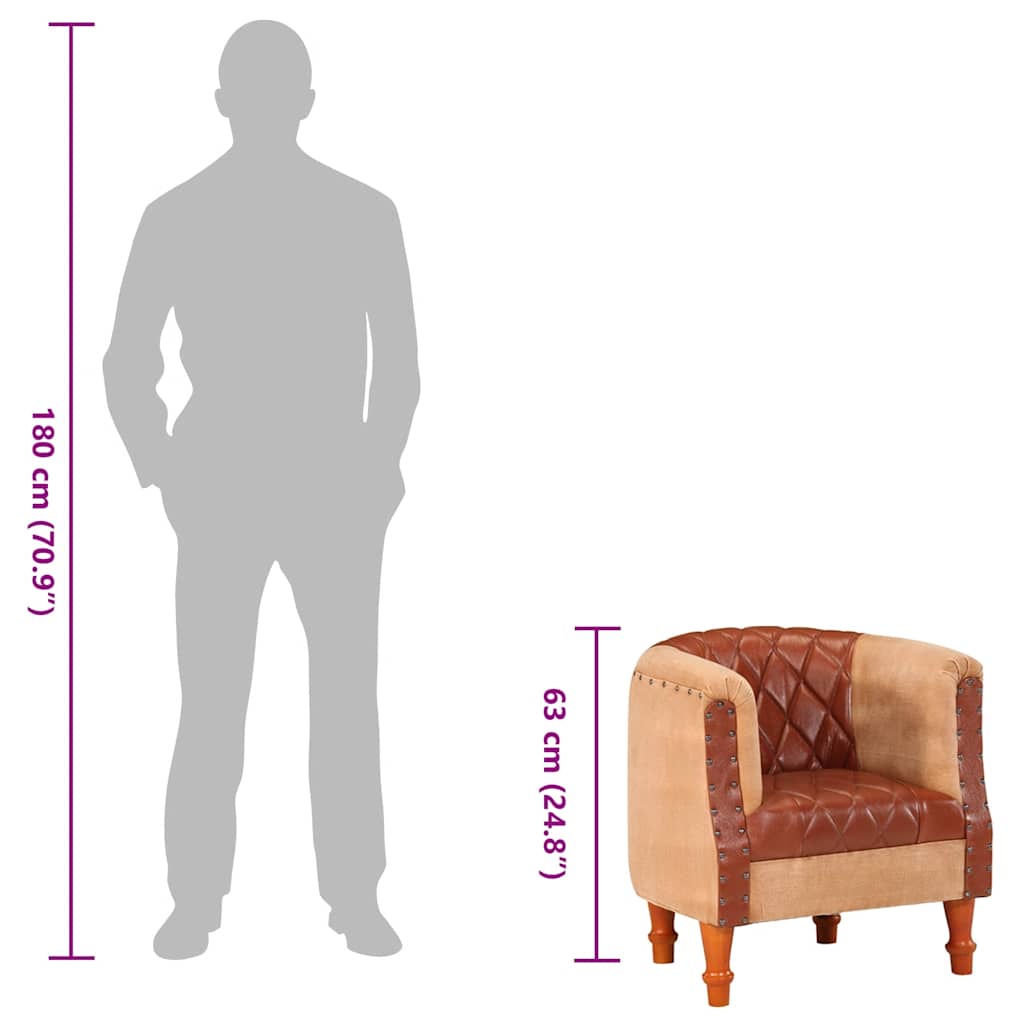 Armchair, brown, genuine leather and solid mango wood