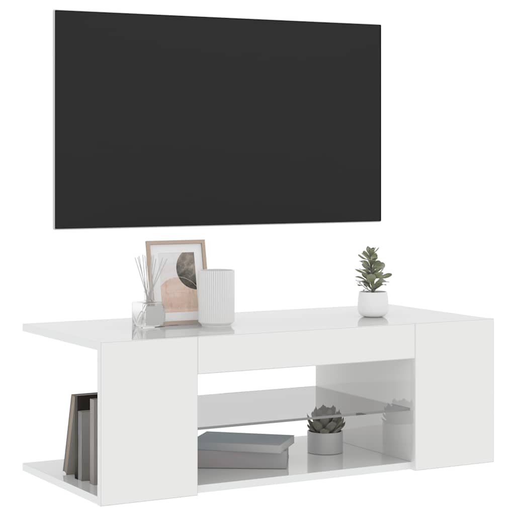 TV spintelė su LED apšvietimu, blizgi balta, 90x39x30cm