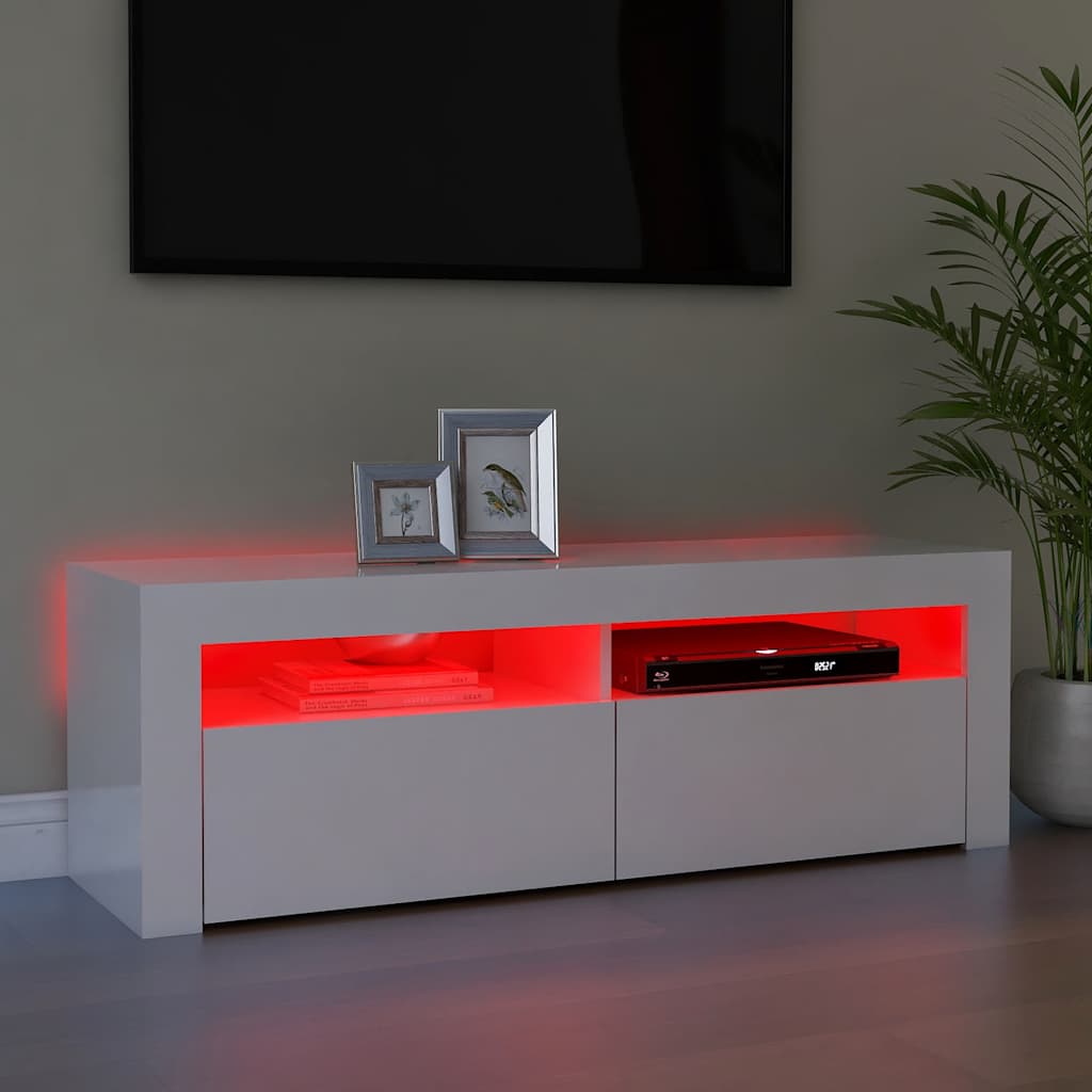 TV spintelė su LED apšvietimu, balta, 120x35x40cm, blizgi