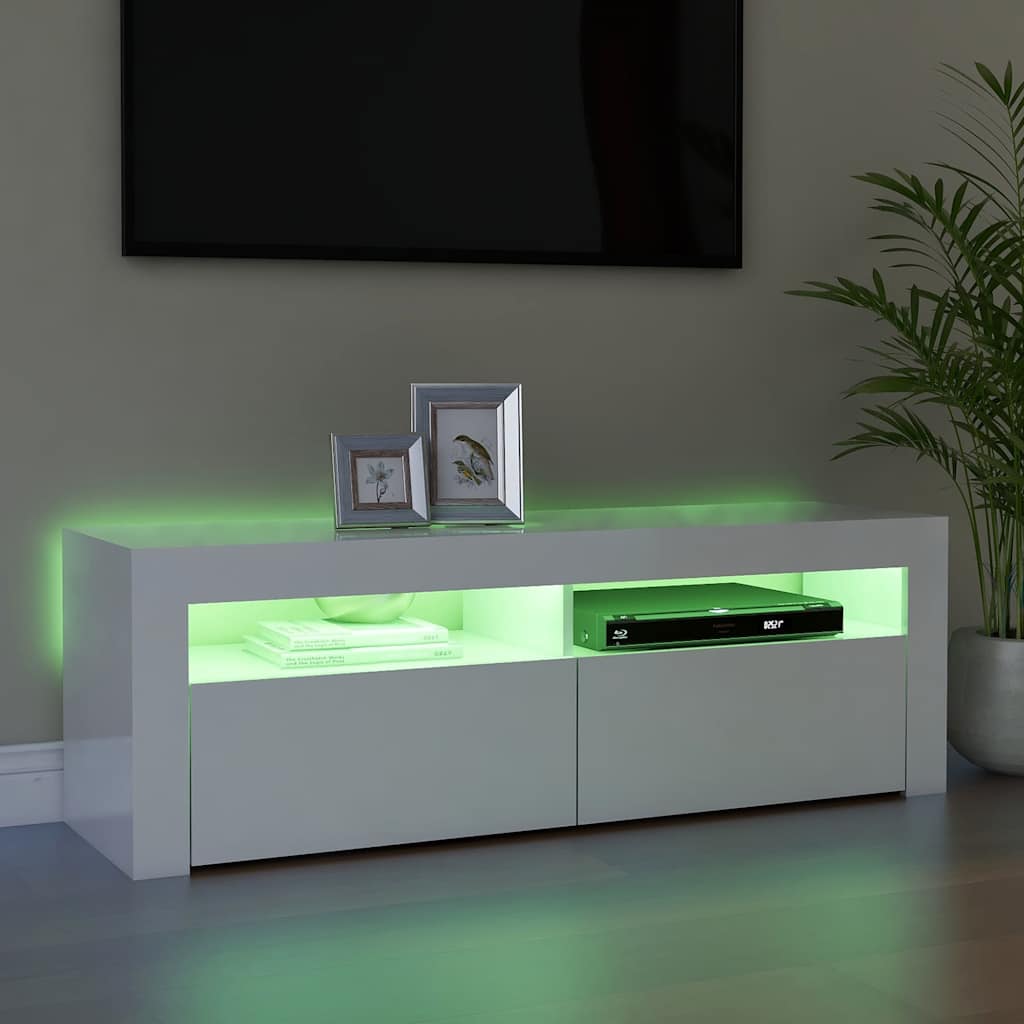 TV spintelė su LED apšvietimu, balta, 120x35x40cm, blizgi
