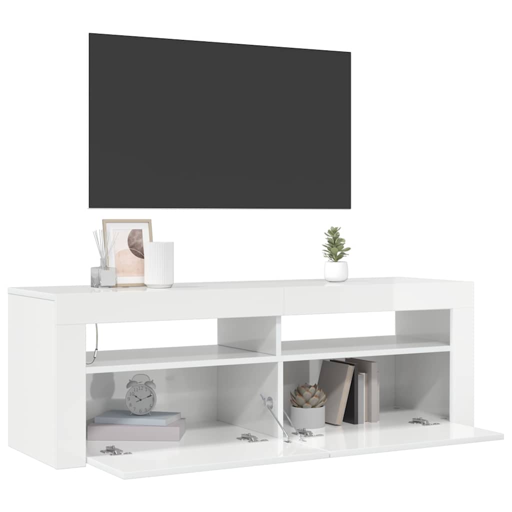 TV spintelė su LED apšvietimu, balta, 120x35x40cm, blizgi