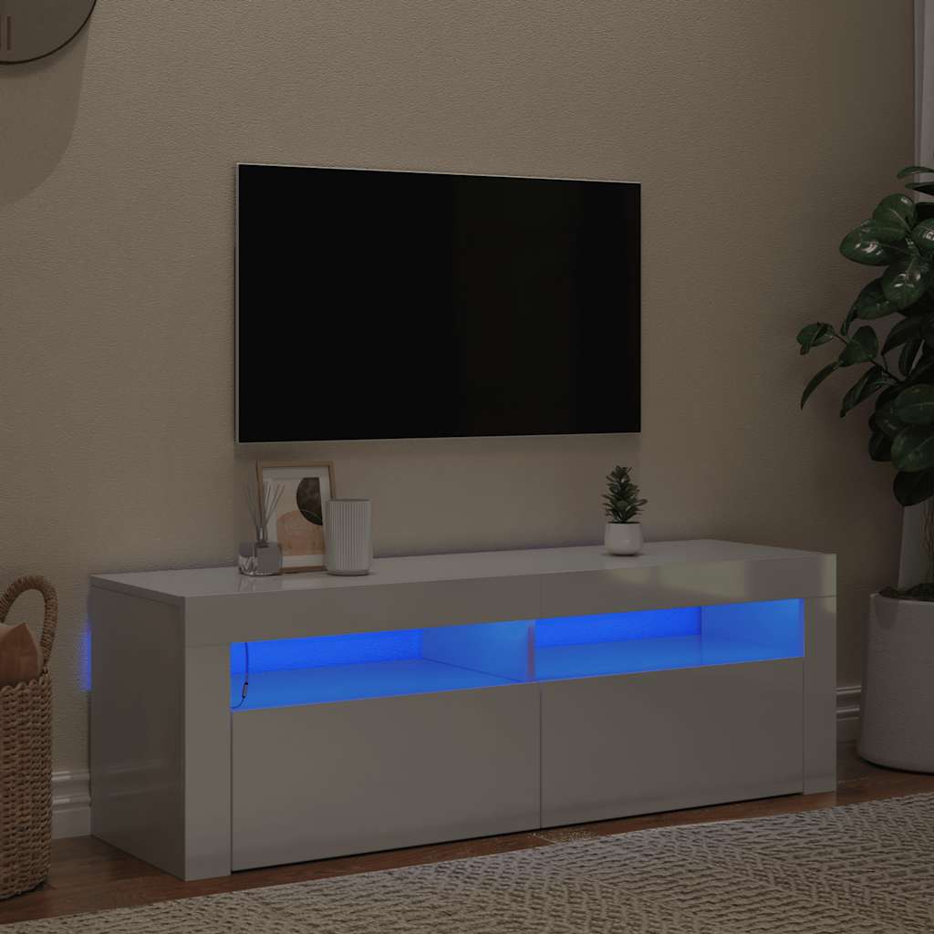 TV spintelė su LED apšvietimu, balta, 120x35x40cm, blizgi