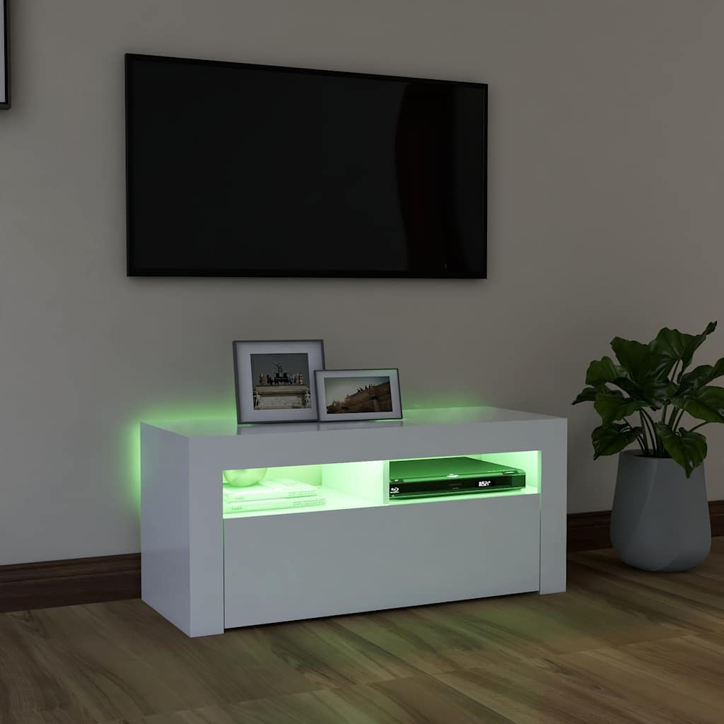 TV skapītis ar LED apgaismojumu, balts, 90x35x40cm