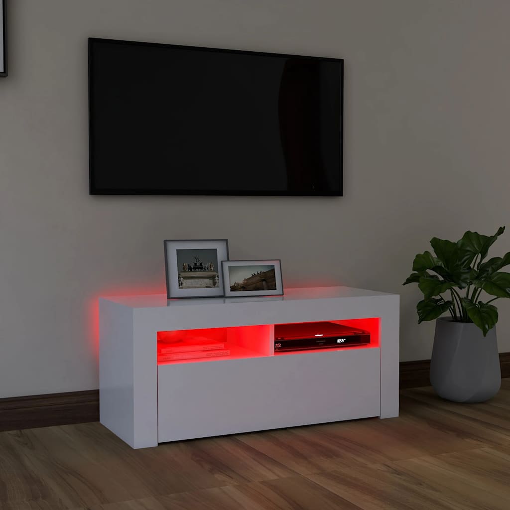 TV skapītis ar LED apgaismojumu, balts, 90x35x40cm