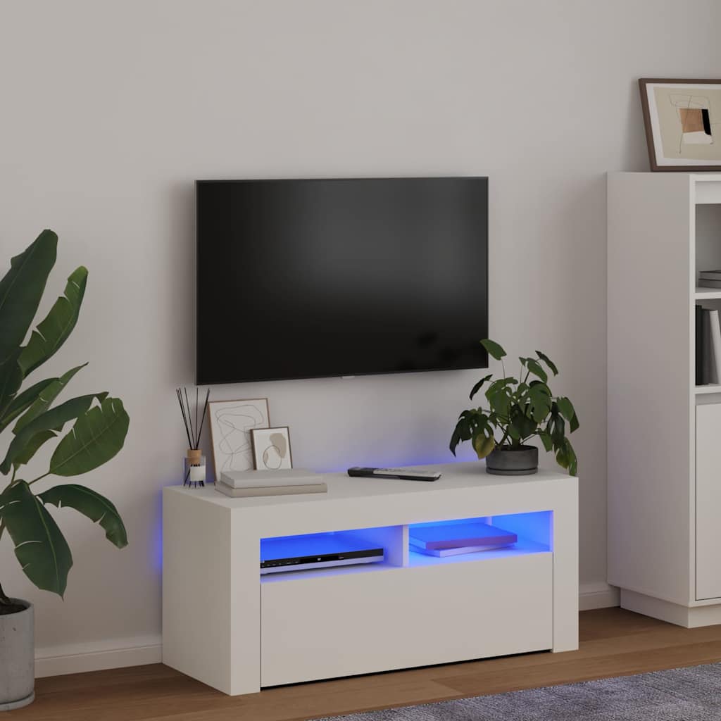 TV skapītis ar LED apgaismojumu, balts, 90x35x40cm