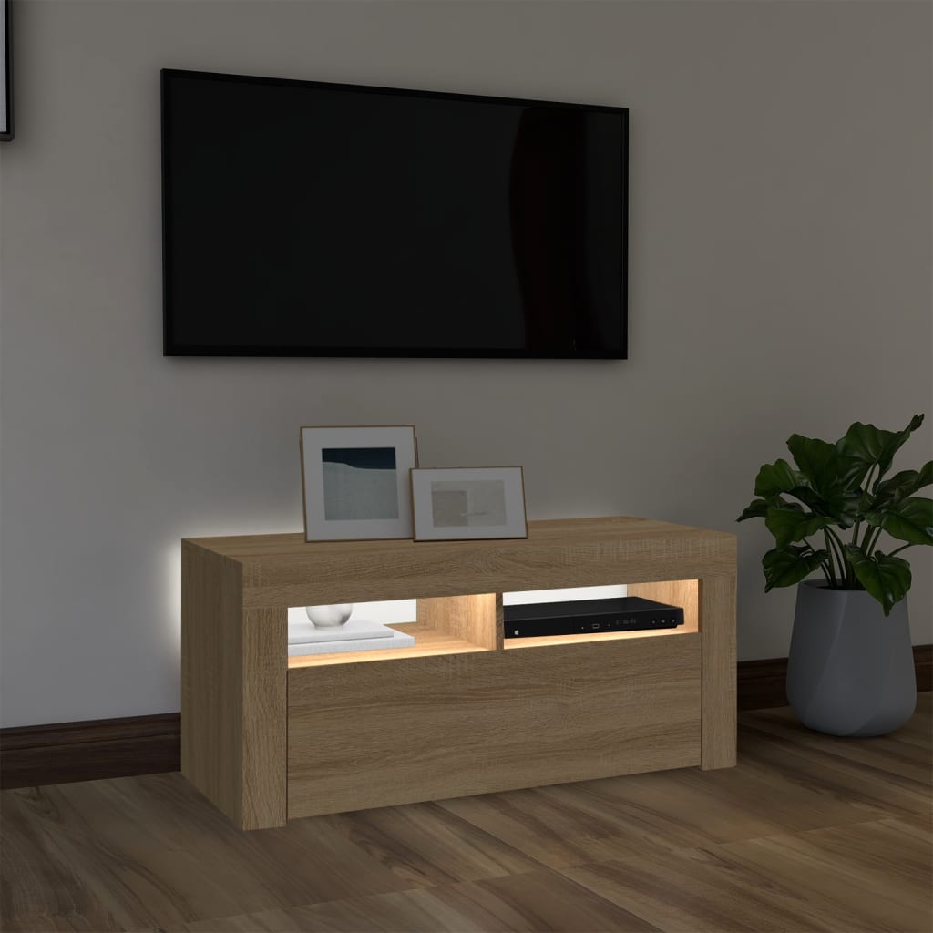 TV Cabinet with LED Lighting, Oak, 90x35x40cm