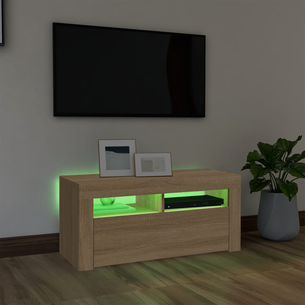 TV Cabinet with LED Lighting, Oak, 90x35x40cm