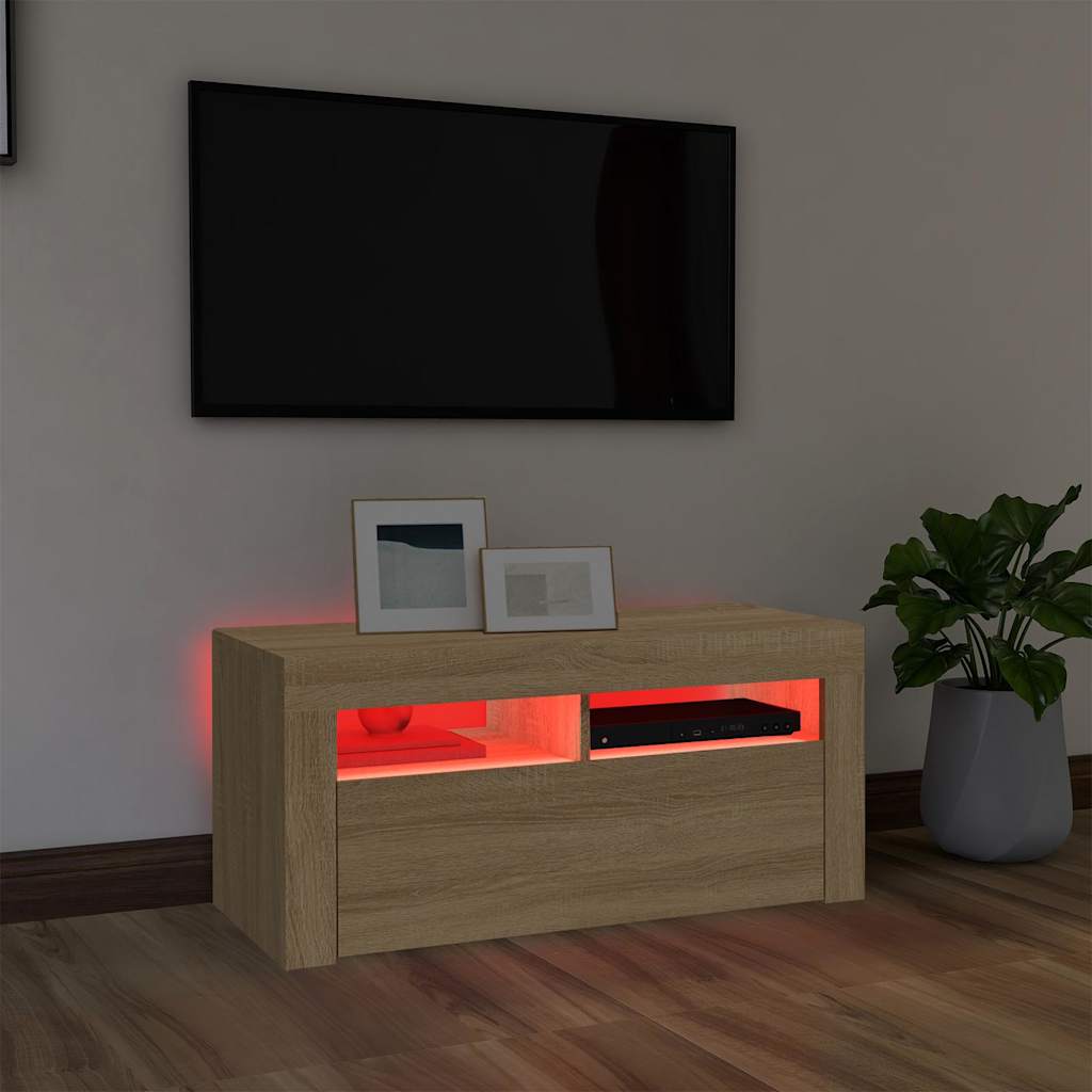 TV Cabinet with LED Lighting, Oak, 90x35x40cm