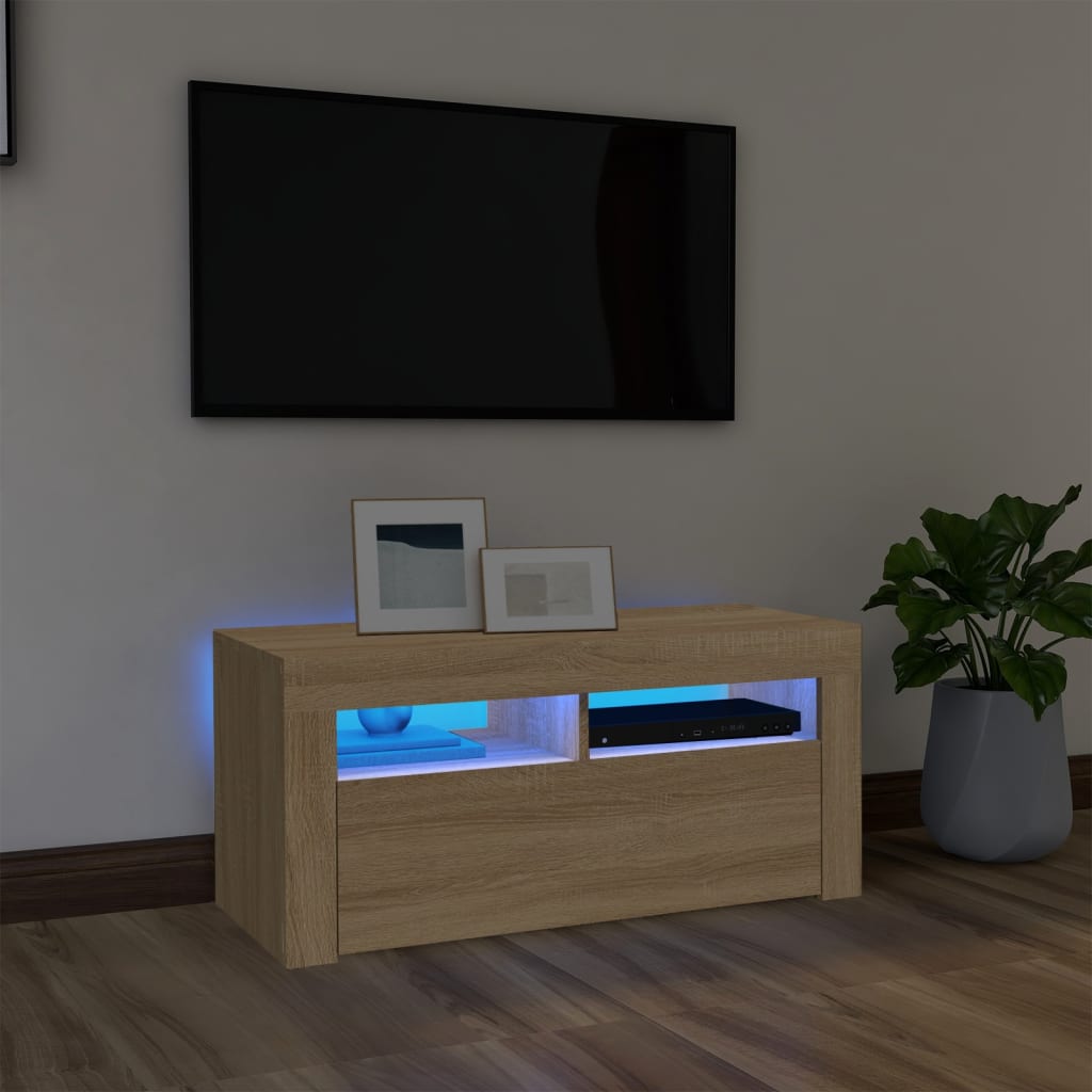TV Cabinet with LED Lighting, Oak, 90x35x40cm