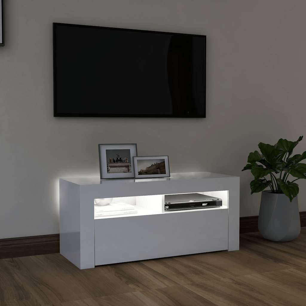TV skapītis ar LED apgaismojumu, balts, 90x35x40cm, glancēts