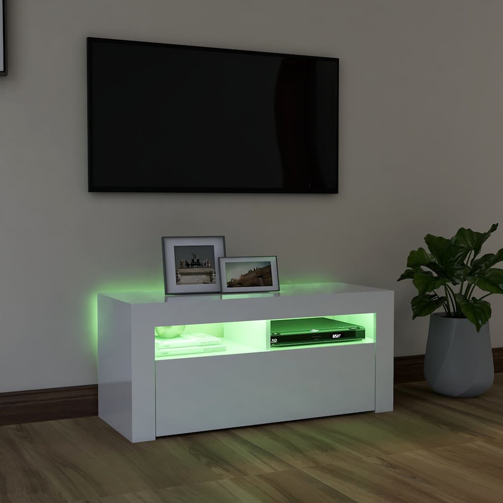 TV skapītis ar LED apgaismojumu, balts, 90x35x40cm, glancēts