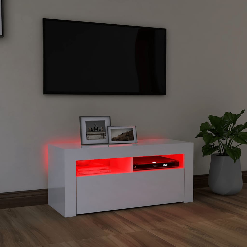 TV skapītis ar LED apgaismojumu, balts, 90x35x40cm, glancēts