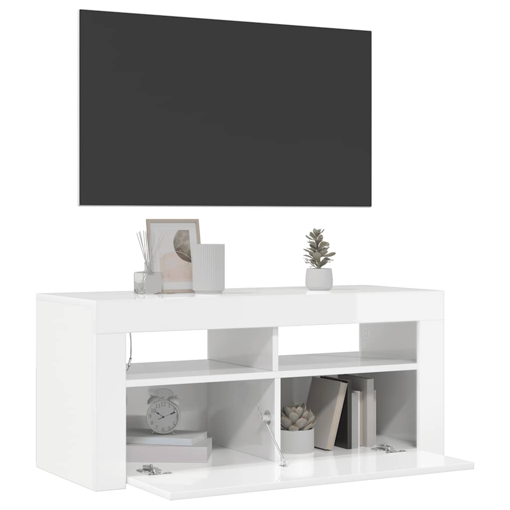 TV skapītis ar LED apgaismojumu, balts, 90x35x40cm, glancēts
