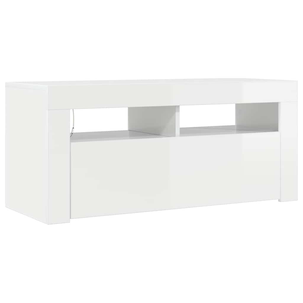 TV spintelė su LED apšvietimu, balta, 90x35x40cm, blizgi