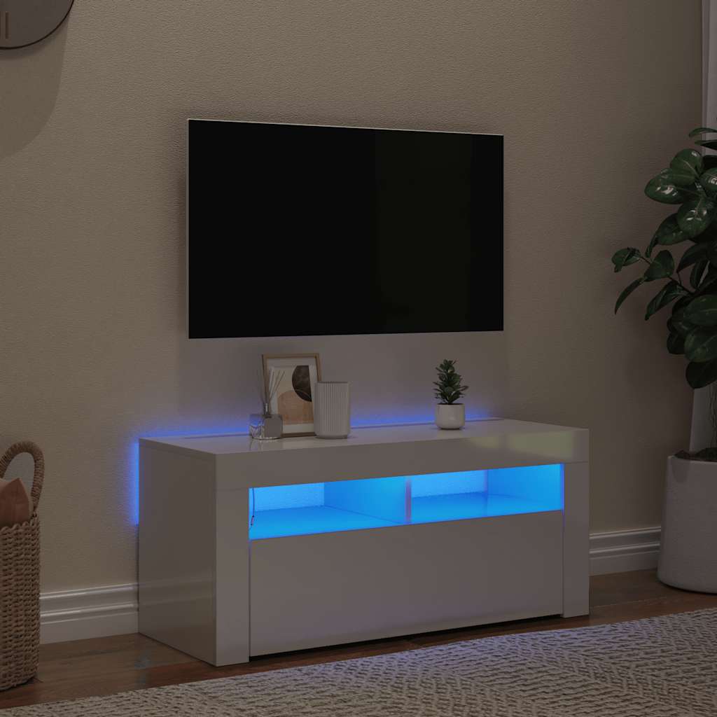 TV skapītis ar LED apgaismojumu, balts, 90x35x40cm, glancēts