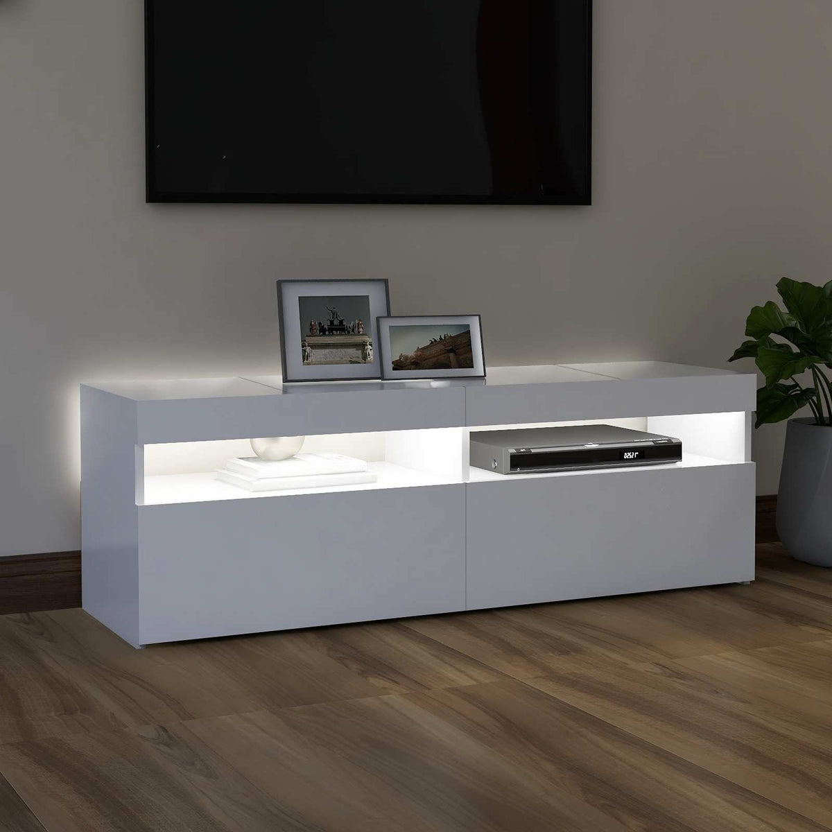 Televizoriaus spintelė su LED apšvietimu, balta, 120x35x40cm