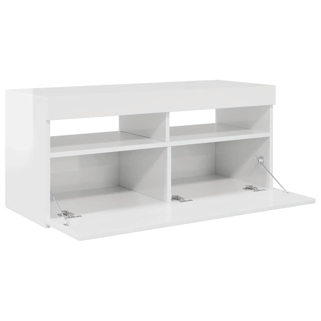TV spintelė su LED apšvietimu, balta, 90x35x40cm, blizgi