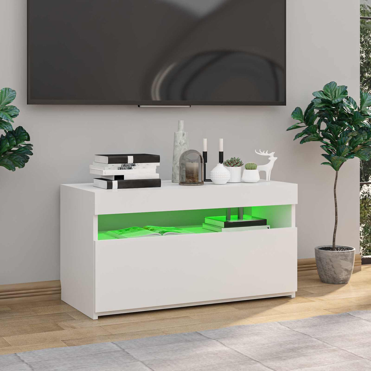 Televizoriaus spintelė su LED, balta, 75x35x40cm, blizgi