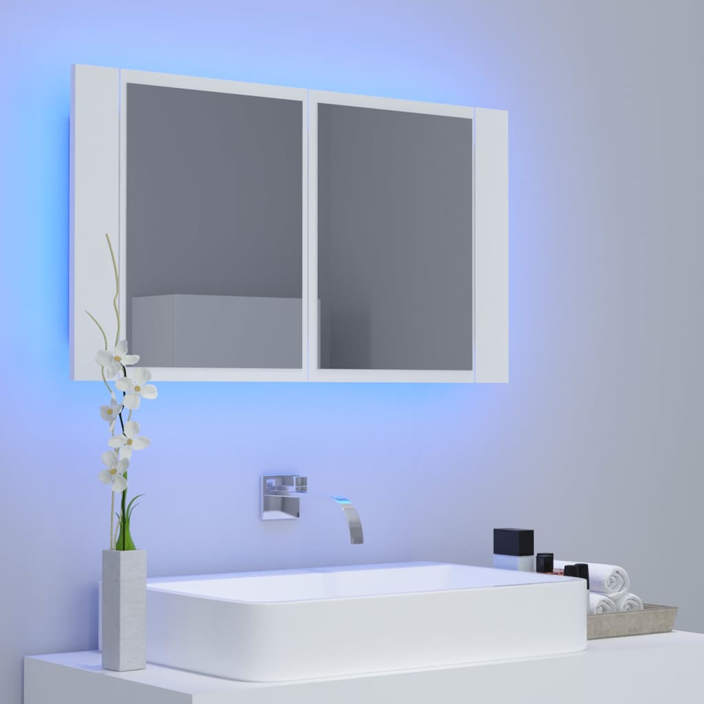 Spoguļa vannas istabas skapītis ar LED, balts, 80x12x45cm, akrils