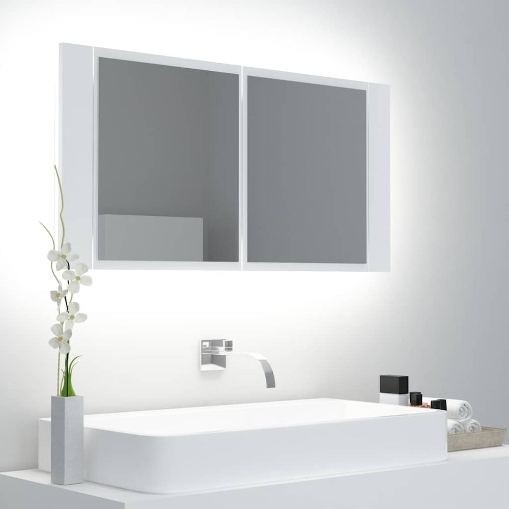 Veidrodinė vonios spintelė su LED, balta, 90x12x45cm, akrilas