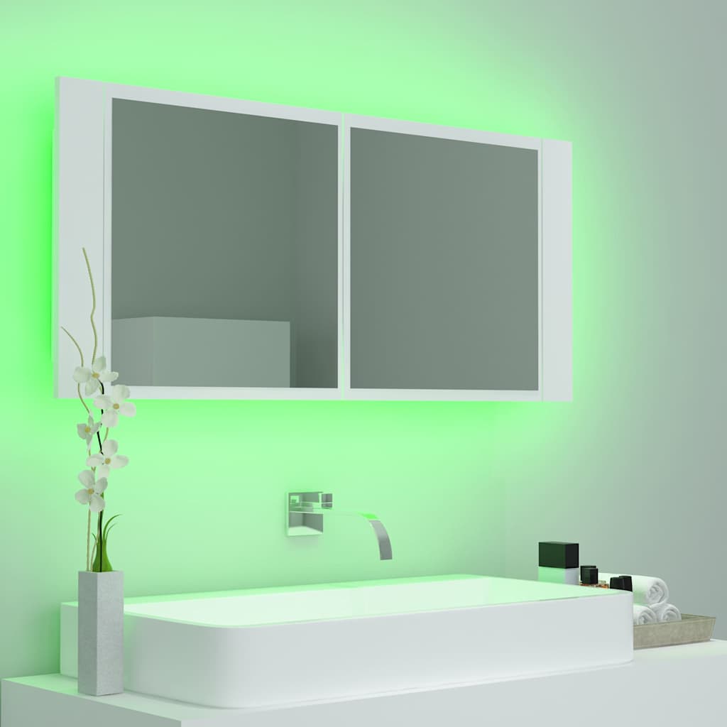 Spoguļa vannas istabas skapītis ar LED, balts, 100x12x45cm, akrils