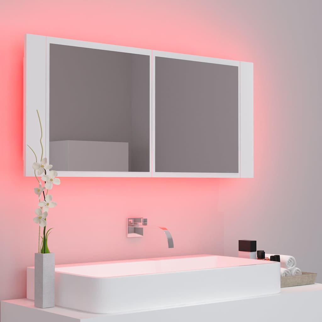 Spoguļa vannas istabas skapītis ar LED, balts, 100x12x45cm, akrils