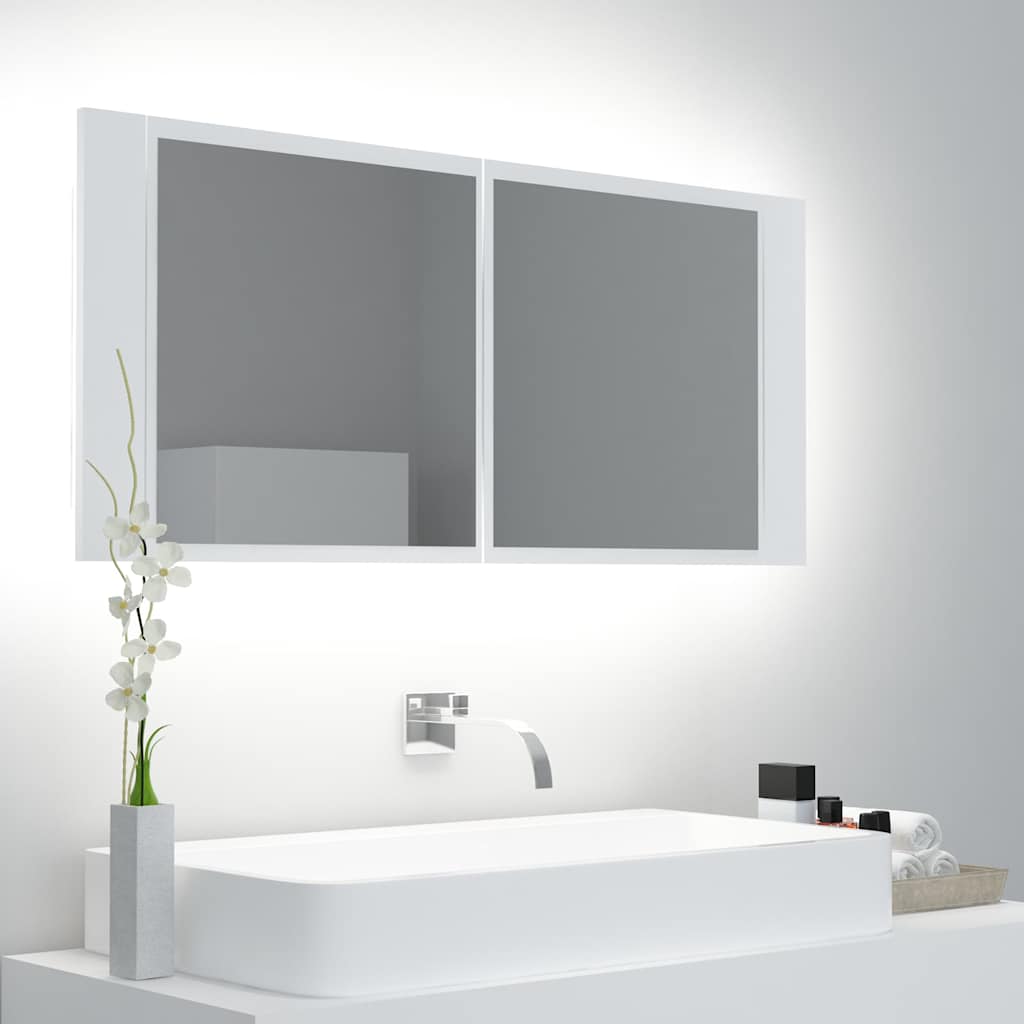 Spoguļa vannas istabas skapītis ar LED, balts, 100x12x45cm, akrils